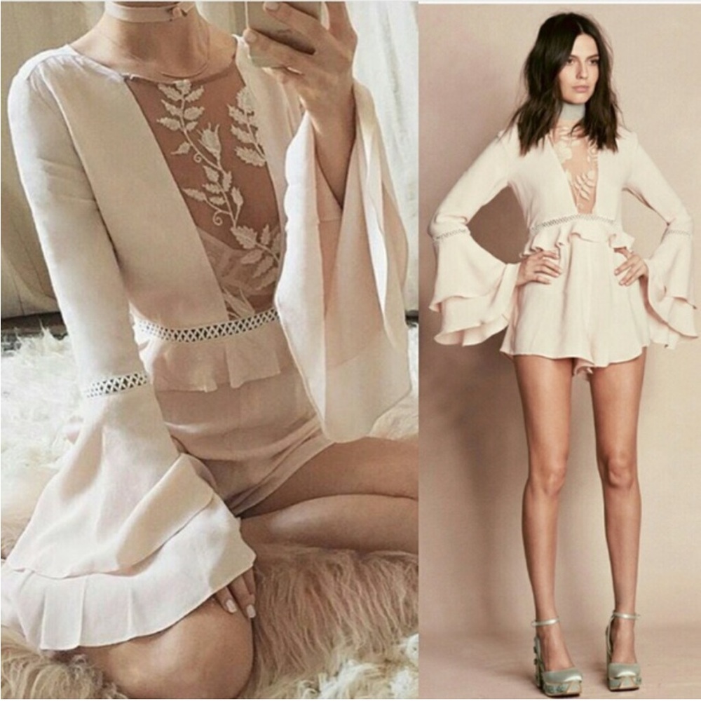 For Love and Lemons Emelia Mesh Panel Floral Embroidery Pink Ruffle Dress Medium